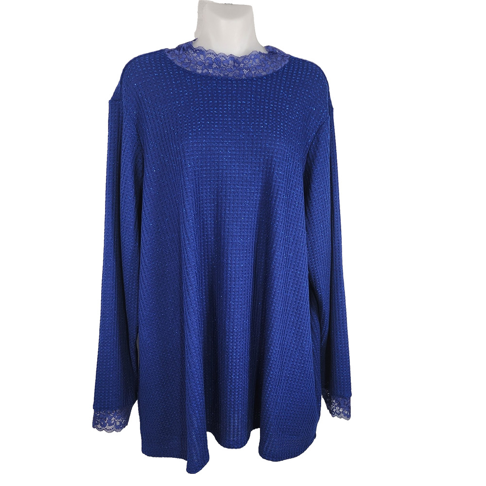 LOGO by Lori Goldstein Metallic Waffle Knit Mock Neck Top Lace Blue 2X A627095